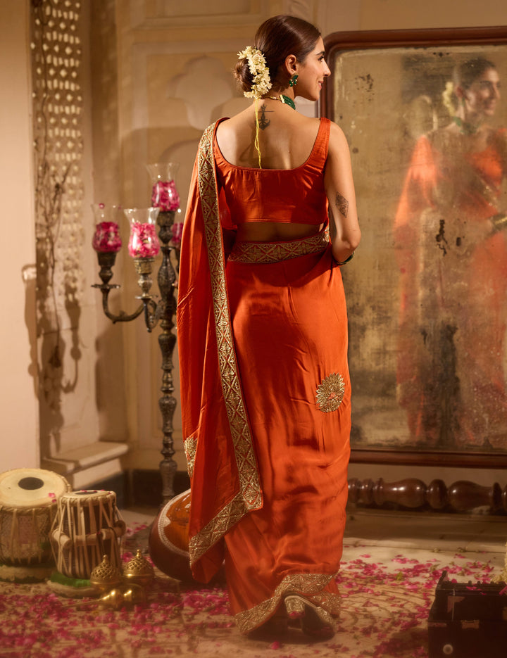 Rooh Rust Orange Handcrafted Satin Saree