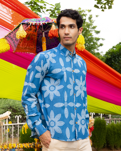 Prithul Blue Bandhani Cotton Shirt