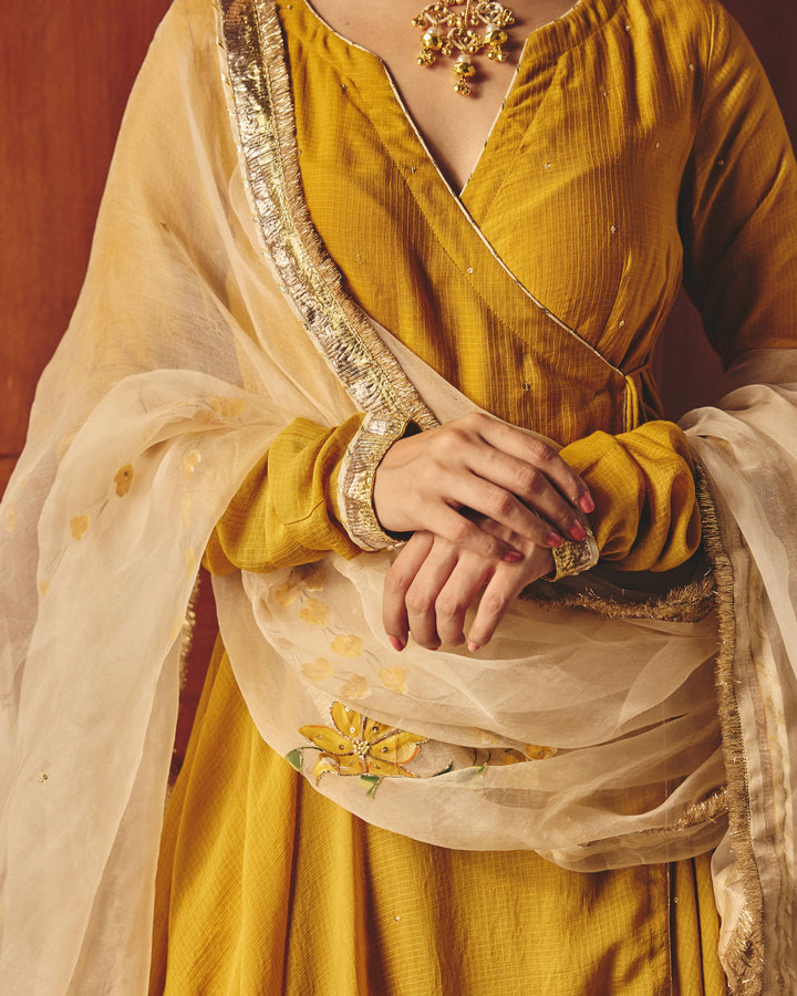 Alekya Mustard Handpainted Cotton Checks Suit Set
