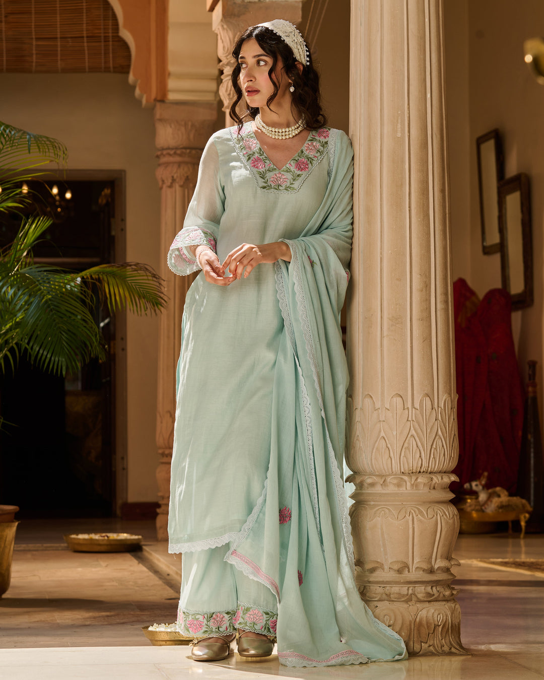 Neer Blue Embroidered Chanderi Suit Set