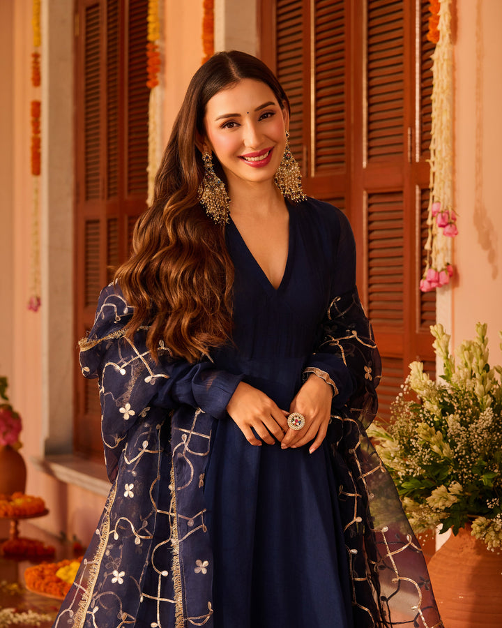 Jyotika Blue Embroidered Chanderi Suit Set