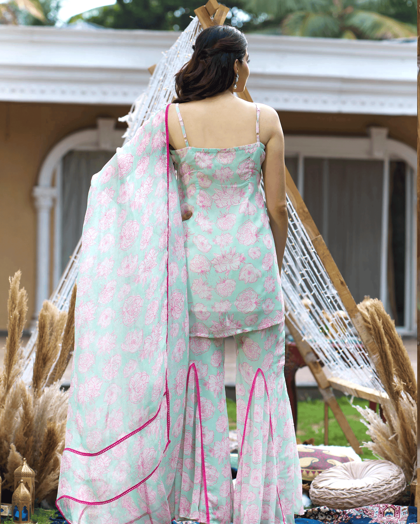 Kinaaz Sea Green Printed Georgette Sharara Set