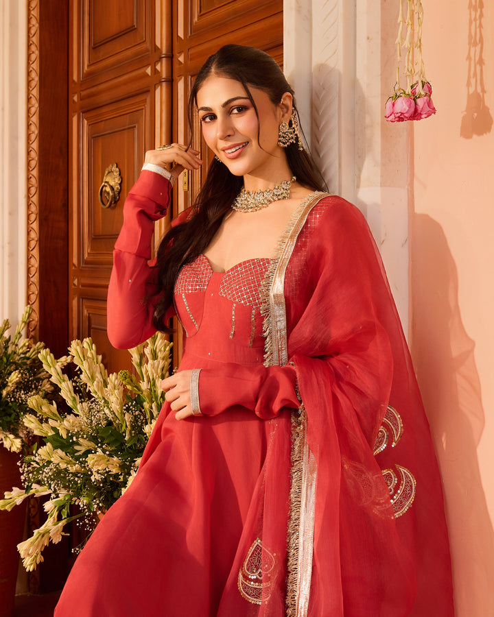 Swastika Rose Pink Embroidered Chanderi Suit Set