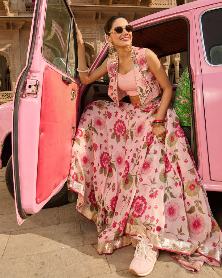 Noble Light Pink Printed Viscose Organza Lehenga Set