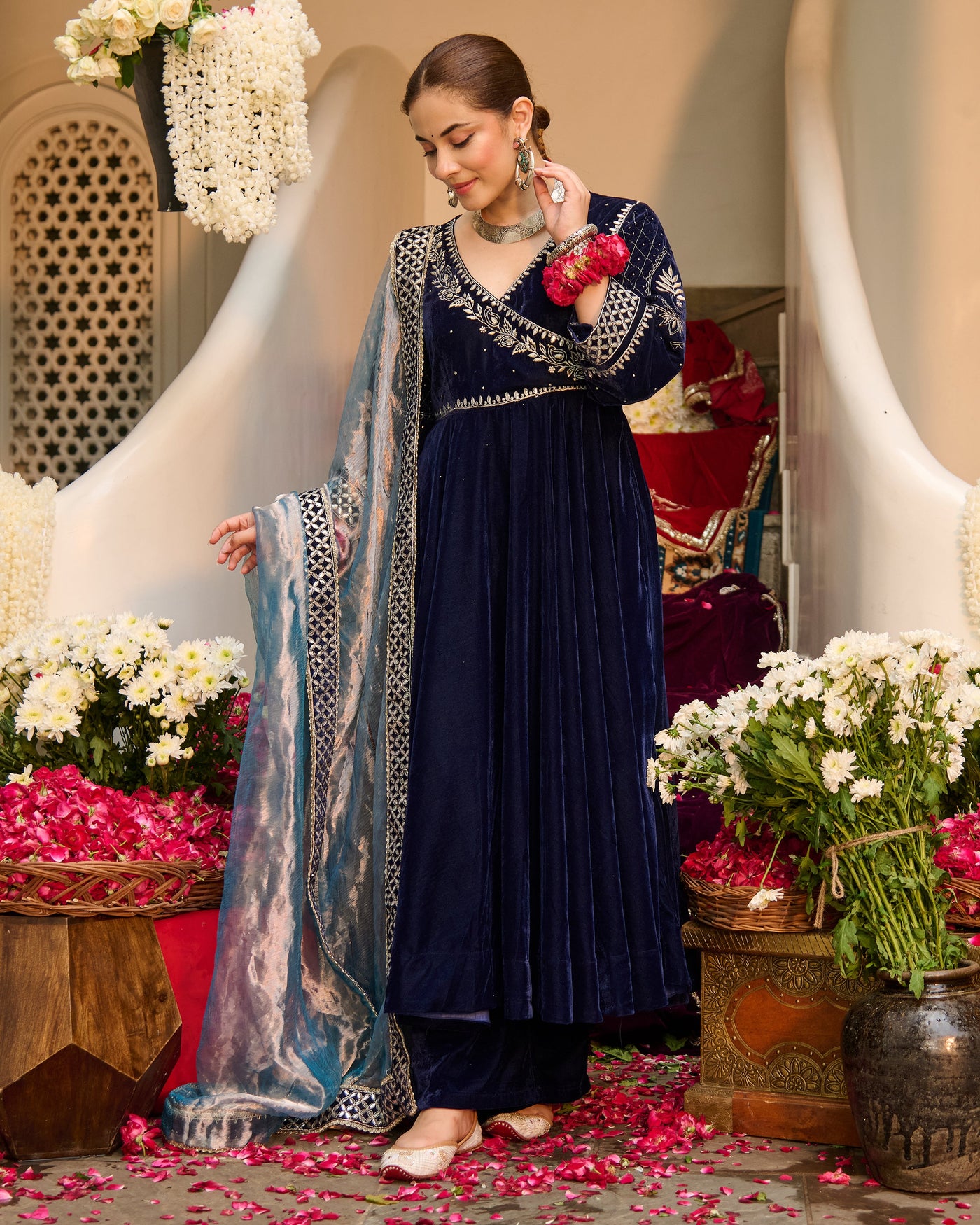 Arzu Blue Embroidered Velvet Suit Set