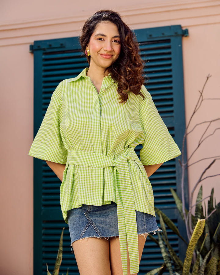 Serin Lime Green Cotton Checks Shirt