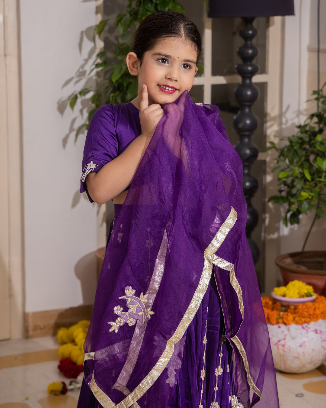 Chiku Purple Solid Satin Lehenga Set