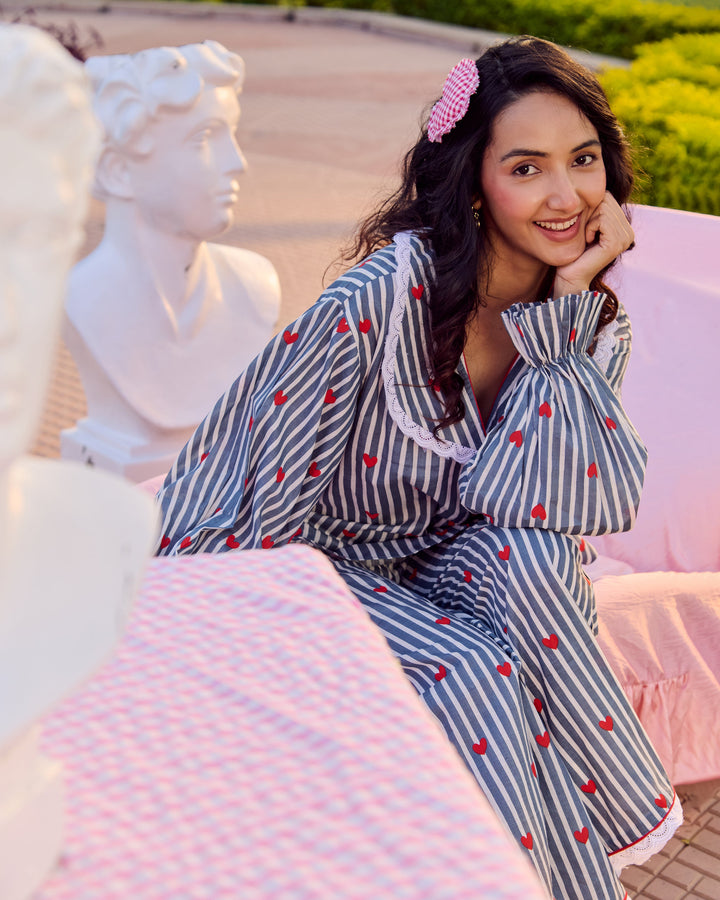 Safari Grey Cotton Stripes Printed Loungewear