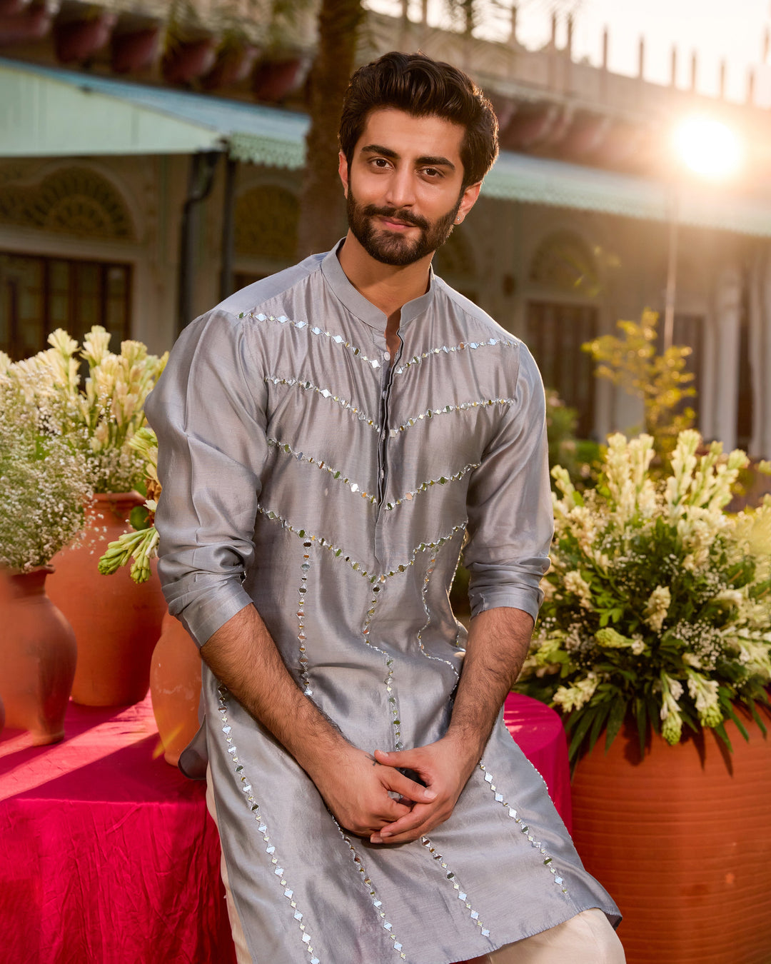 Padmesh Grey Chanderi Embroidered Kurta
