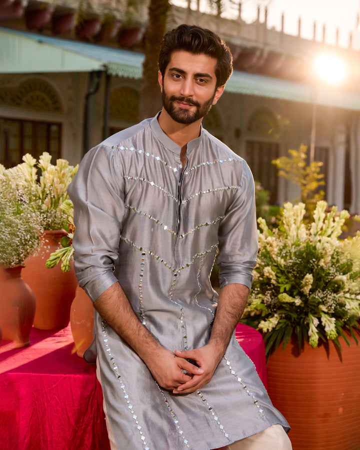 Padmesh Grey Chanderi Embroidered Kurta