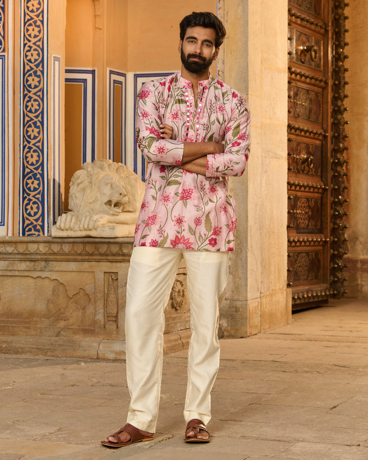 Anirudh Pink Printed Chanderi Kurta