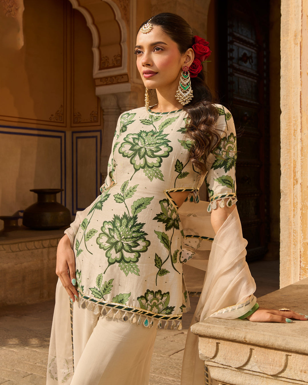 Opal Grey Printed Chanderi Suit Set