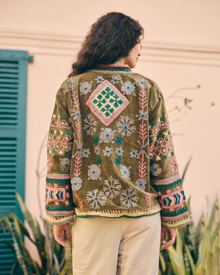 Verdora Olive Velvet Suzani Jacket