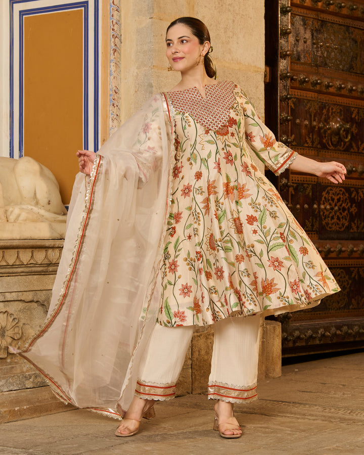 Kora Cream Printed Chanderi Suit Set
