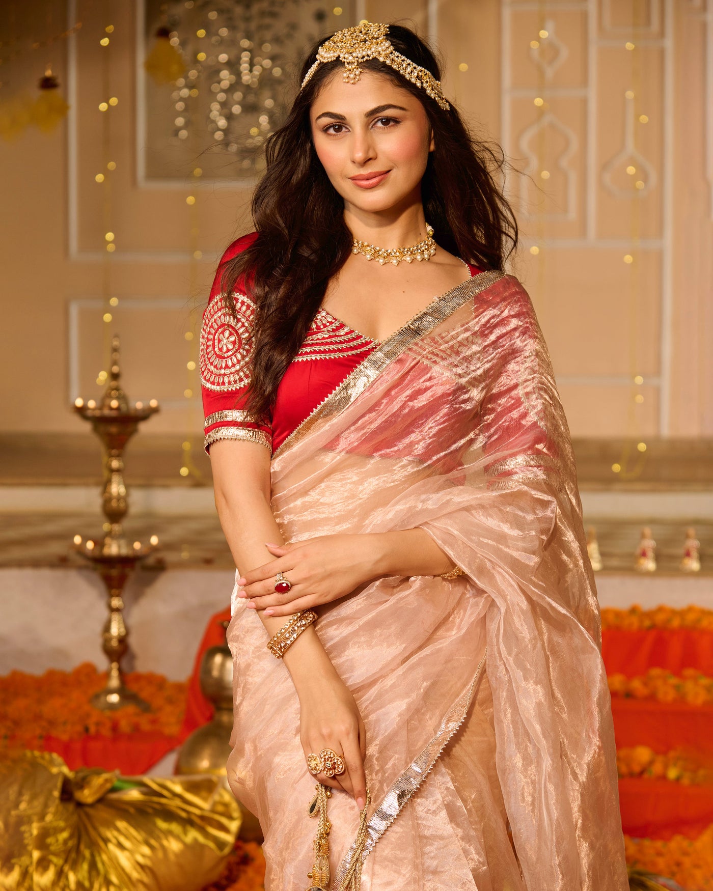 Aloka Red Solid Tissue Saree