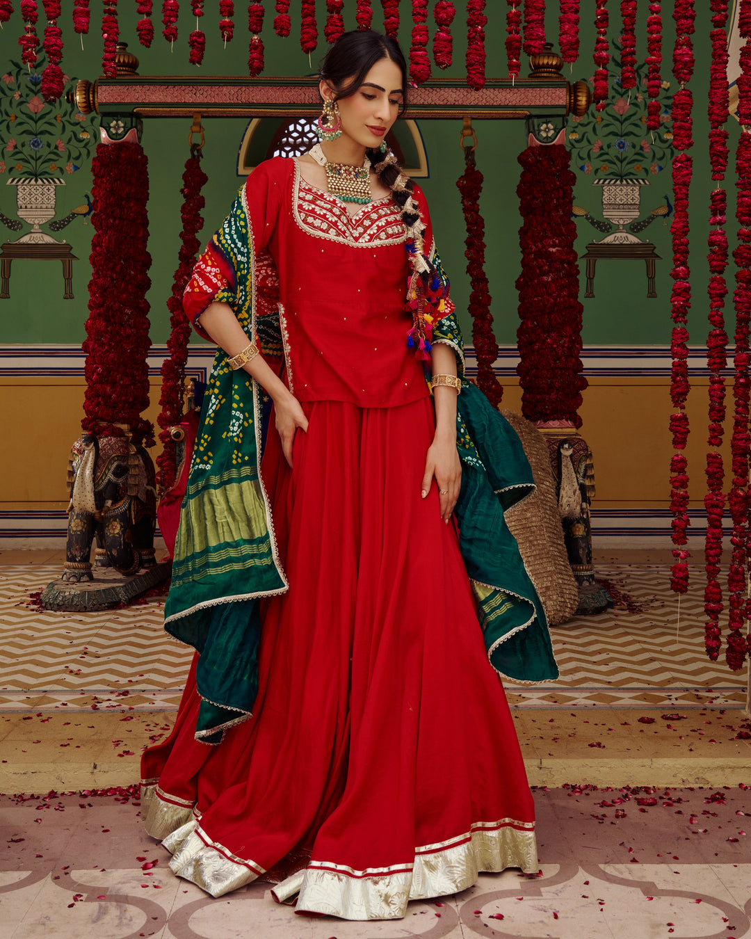 Anuroop Red Embroidered Chanderi Lehenga Set