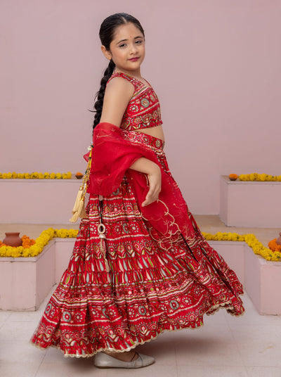 Nashra Red Printed Chanderi Lehenga Set