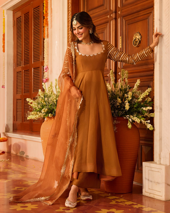 Deepvya Brown Embroidered Chanderi Suit Set