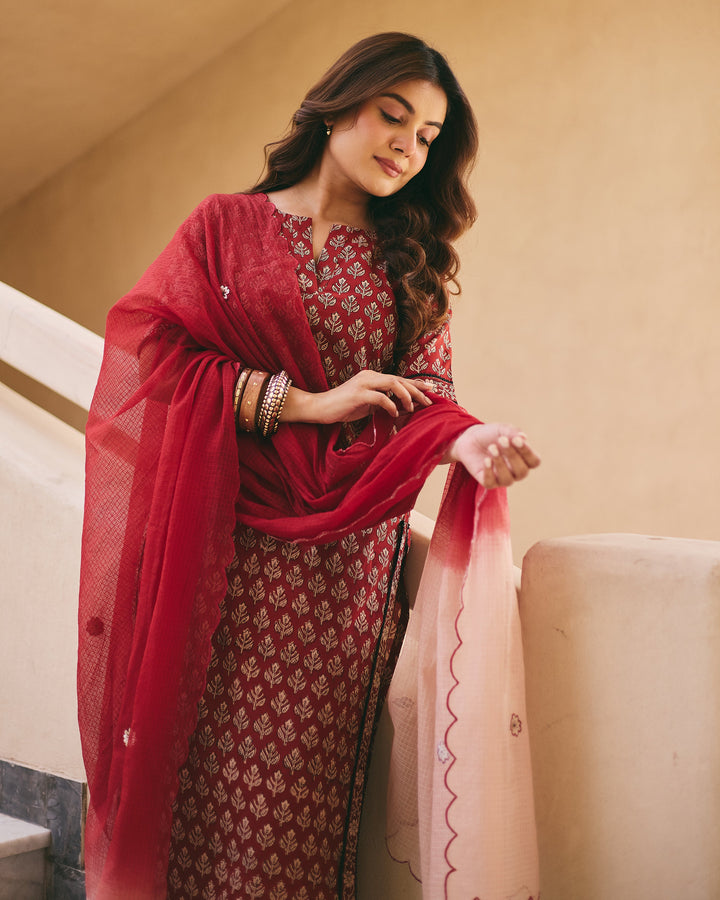 Grisha Maroon Cotton Printed Suit Set