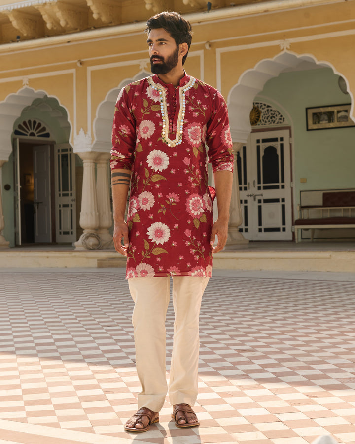Dev Maroon Printed Chanderi Kurta