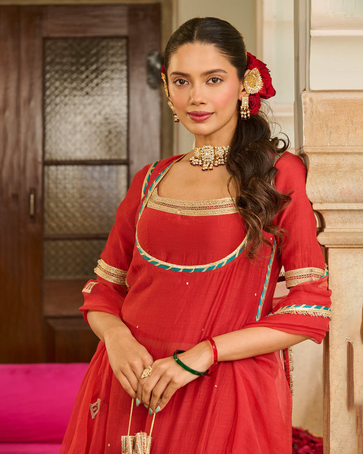 Rust Red Solid Chanderi Suit Set