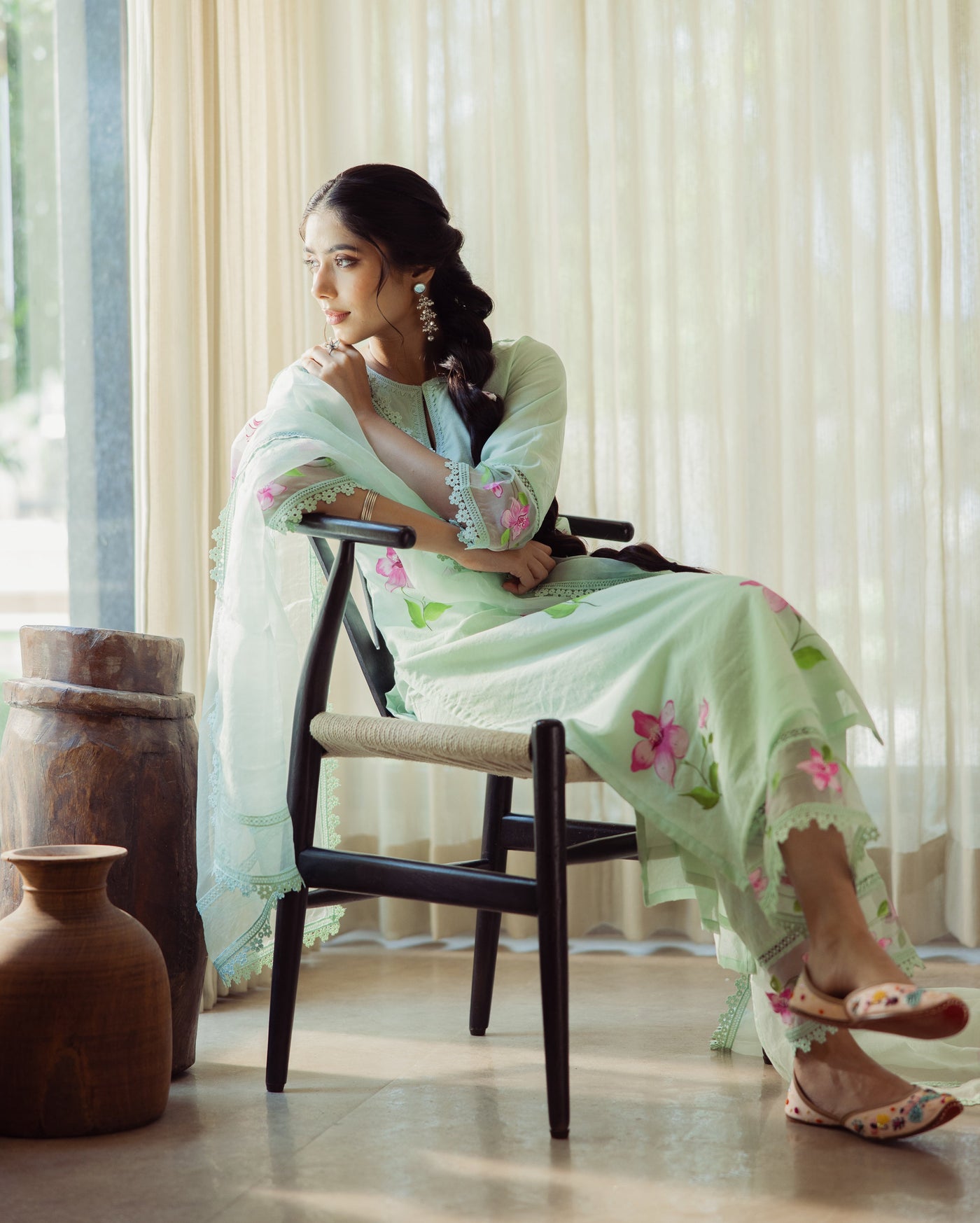 Mirage Mint Green Handpainted Chanderi Suit Set