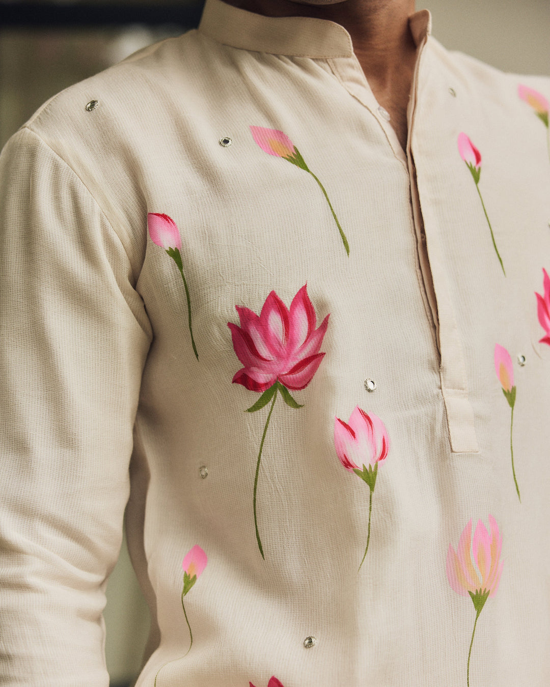 Zavian Off White Handpainted Checks Kurta