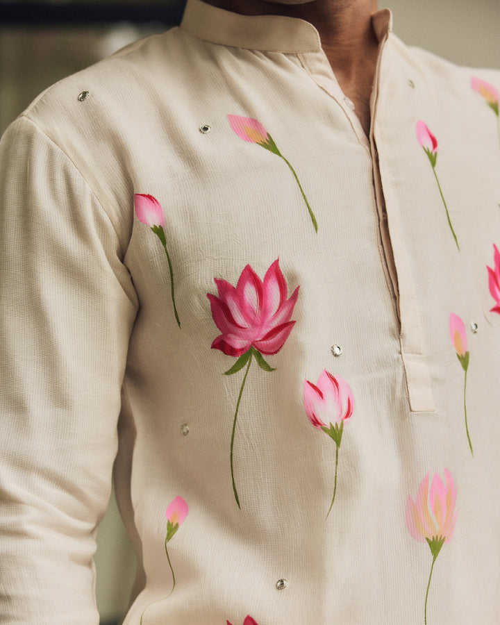 Zavian Off White Handpainted Checks Kurta