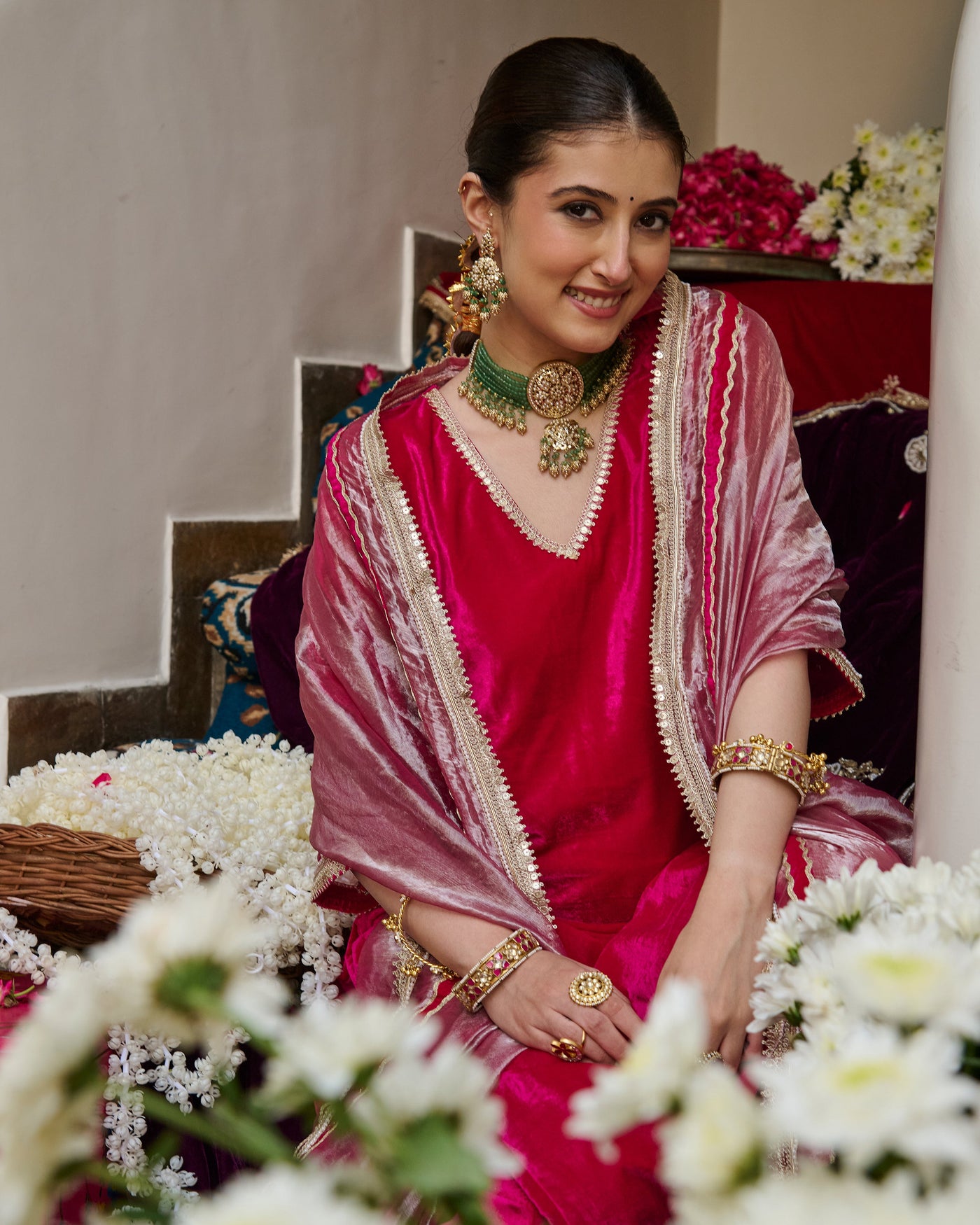 Rima Pink Solid Velvet Suit Set