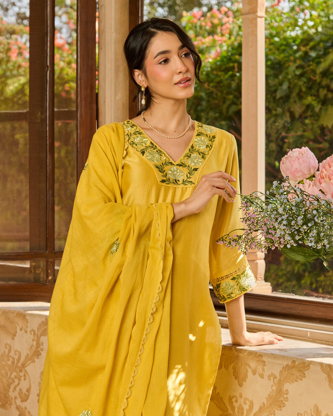 Limo Yellow Embroidered Chanderi Suit Set