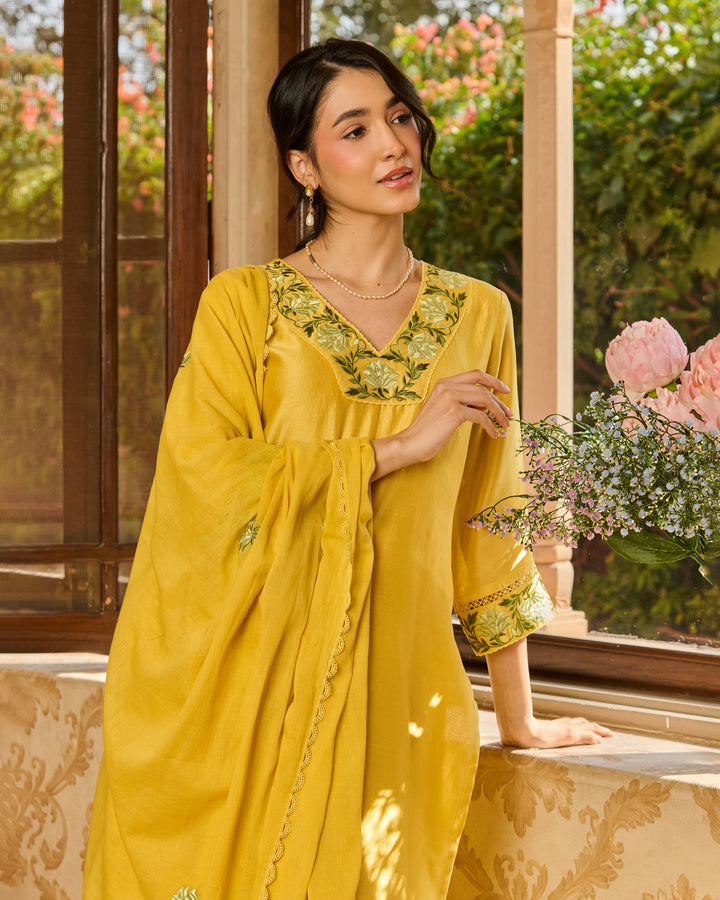 Limo Yellow Embroidered Chanderi Suit Set