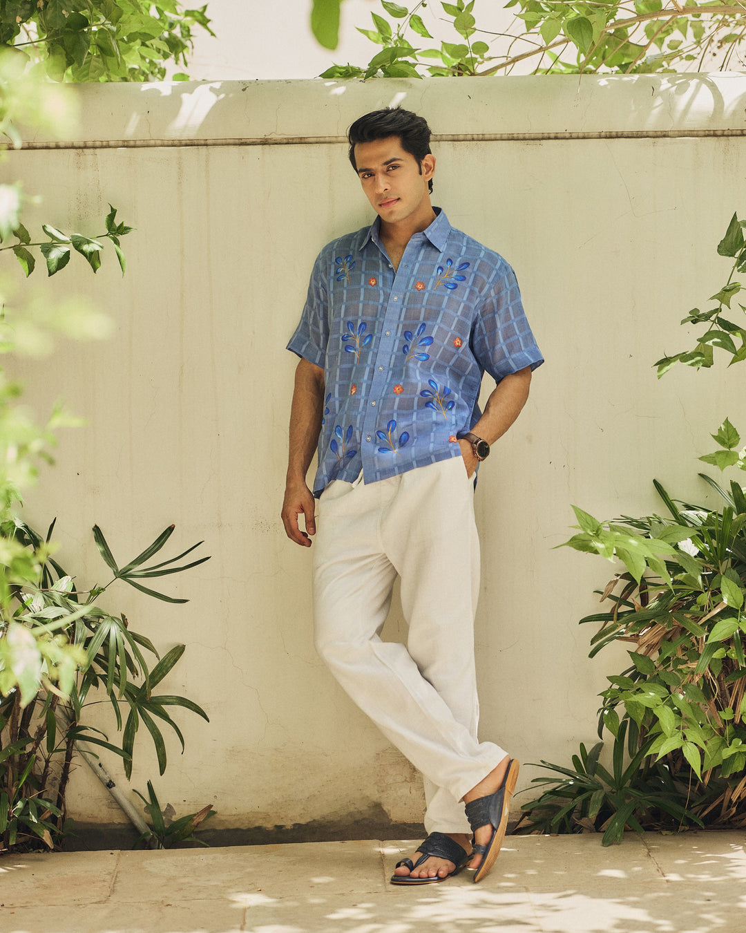 Samay Blue Cotton Dobby Handpainted Shirt