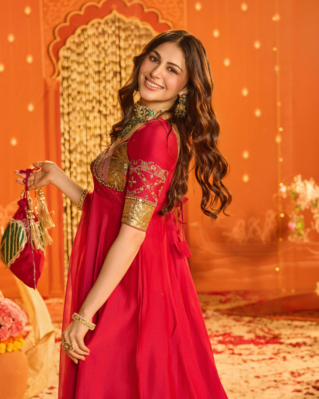 Kamalnayani Pink Embroidered Chanderi Aangi Suit Set