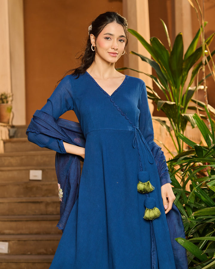 Spark Blue Embroidered Cotton Crush Suit Set