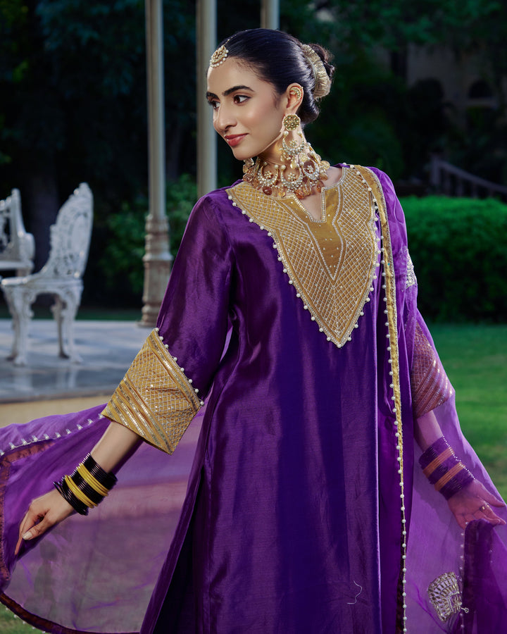 Ambika Purple Embroidered Chanderi Suit Set