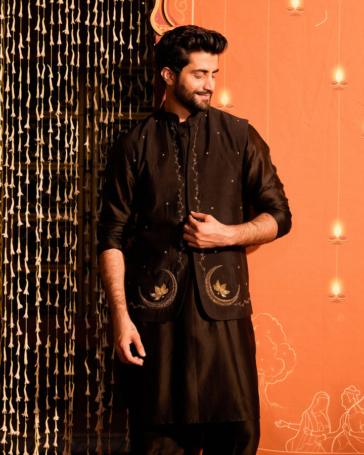 Ratan Black Chanderi Embroidered Jacket And Kurta Set