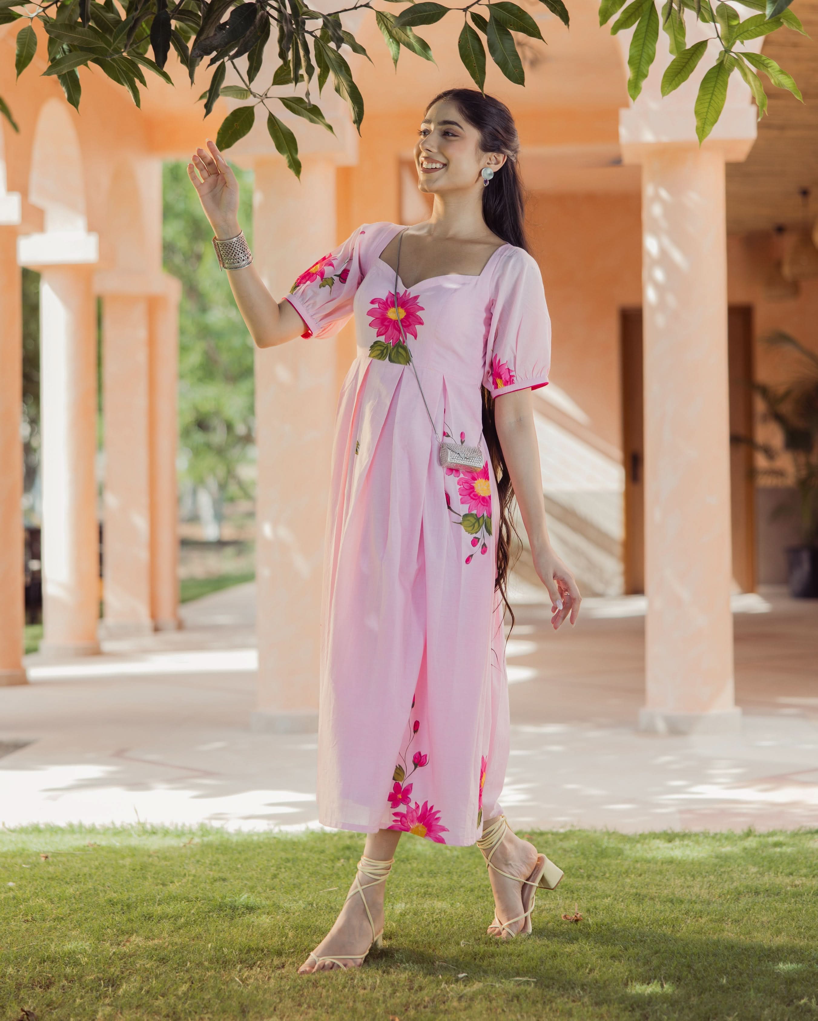 Shop Flora Fable Pink Handpainted Cotton Dress for Women Online in
