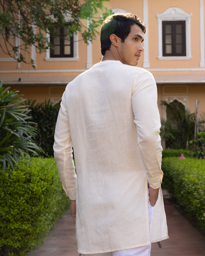 Rajendra Off white Solid Linen Kurta