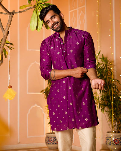 Prakashit Purple Jacquard Kurta