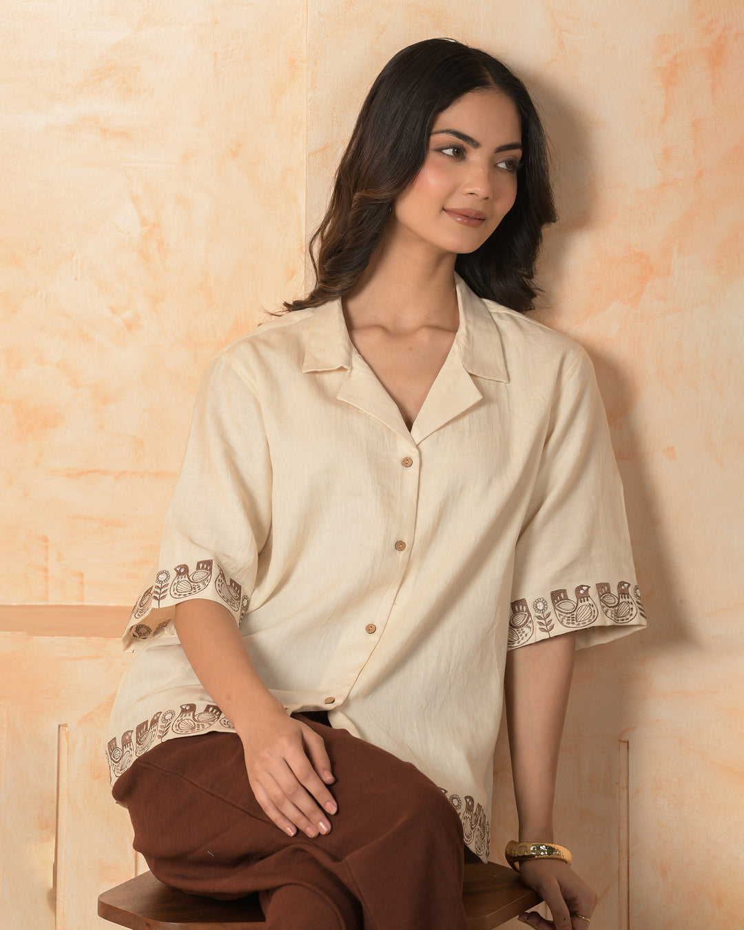 Vira Cream Embroidered Cotton Satin Shirt