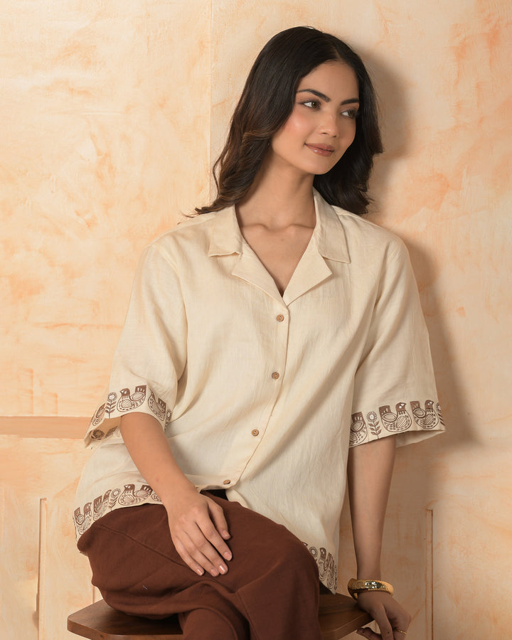 Vira Cream Embroidered Cotton Satin Shirt