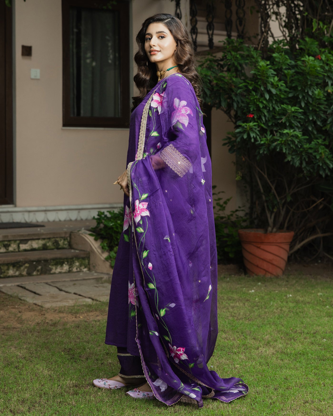 Kanchan Purple Handpainted Chanderi Suit Set