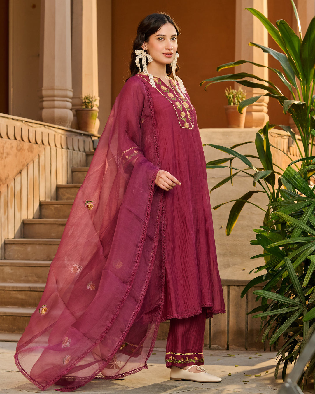 Jugal Wine Embroidered Chanderi Suit Set