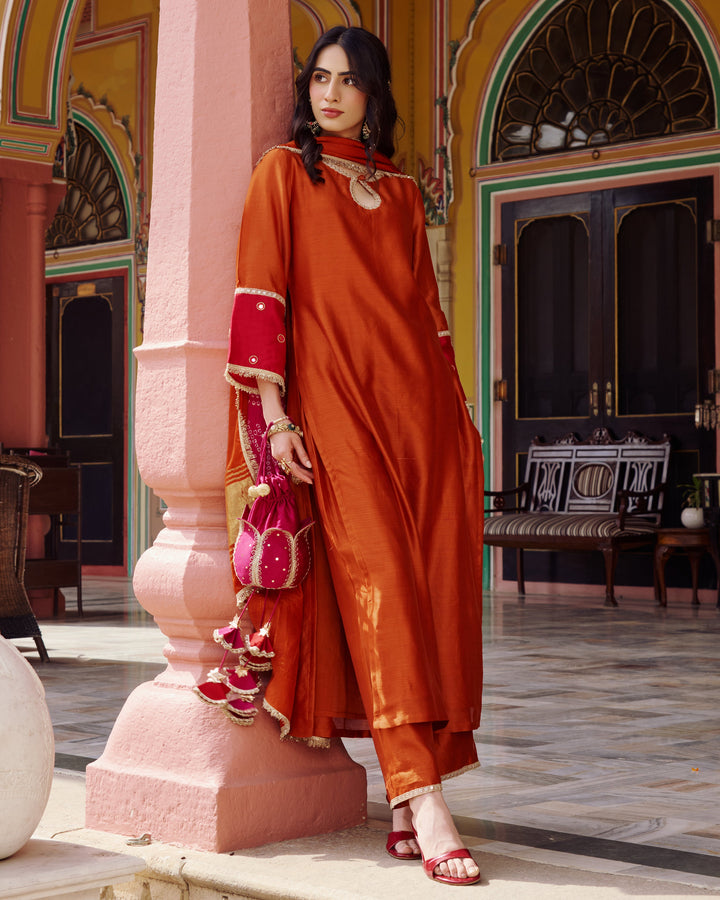 Priya Orange Embroidered Chanderi Suit Set
