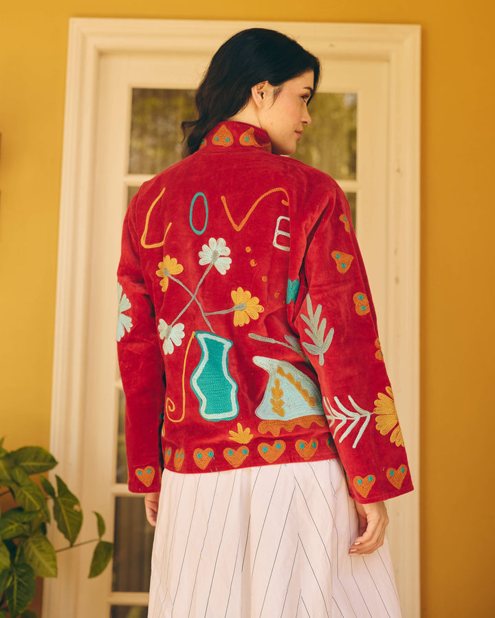 Crimselle Red Velvet Suzani Jacket