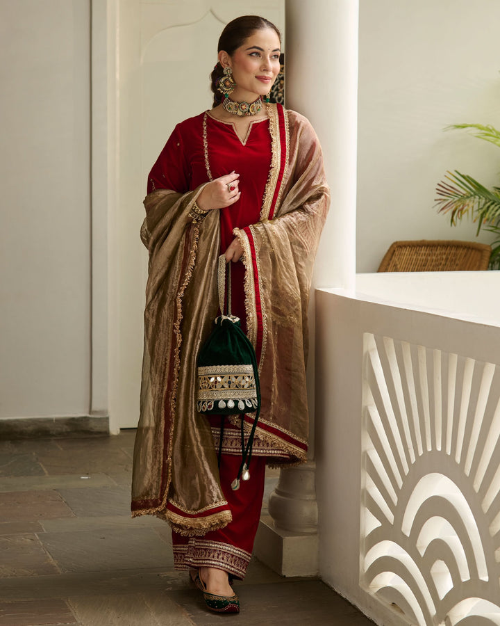 Saya Red Embroidered Velvet Suit Set