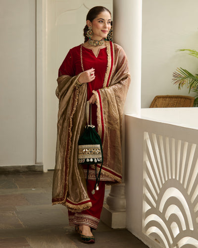 Saya Red Embroidered Velvet Suit Set