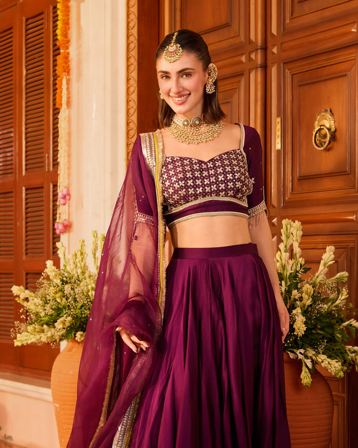 Taarika Purple Embroidered Chanderi Lehenga Set