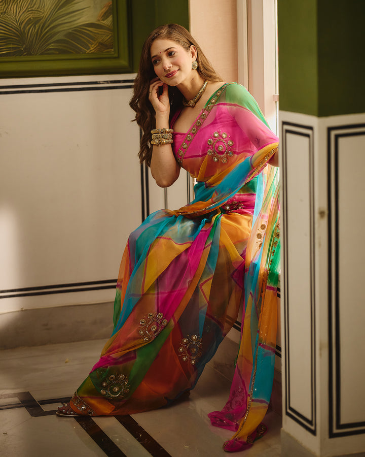 Shehnaz Dark Multi Color Leheriya Chiffon Saree