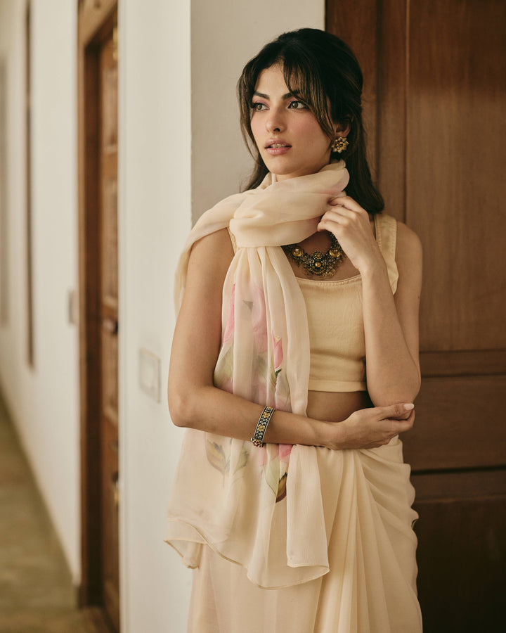 Mallika Peach Handpainted Chiffon Saree